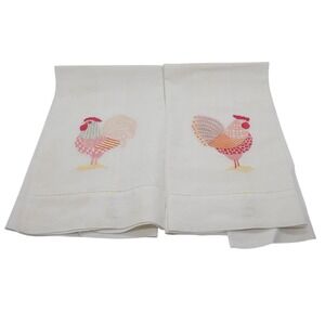 2 Vintage Embroidered Rooster Tea Towels White Hemstitch Farmhouse Kitchen